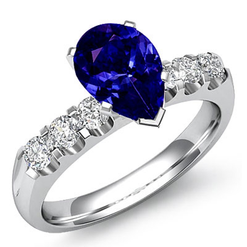 Classic 6 Stone Prong Shank Pear diamond engagement Ring in 14k Gold White