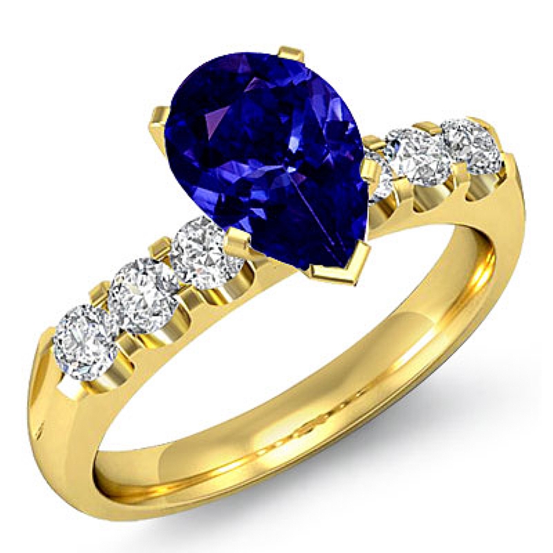 Classic 6 Stone Prong Shank Pear diamond engagement Ring in 18k Gold Yellow