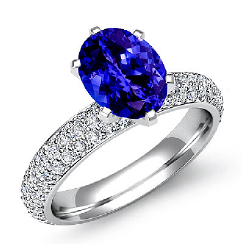 3 Row Micro Pave Set Shank Oval diamond  Ring in 14k Gold White