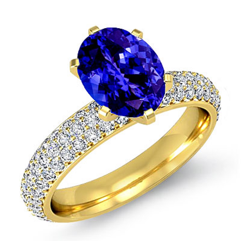 3 Row Micro Pave Set Shank Oval diamond  Ring in 18k Gold Yellow