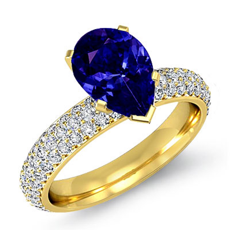 3 Row Micro Pave Set Shank Pear diamond  Ring in 14k Gold Yellow