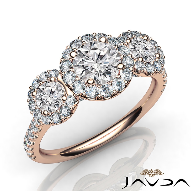 Three Stone Halo Pave Setting diamond Ring 14k Rose Gold