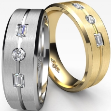 3 Stone Baguette & Diamond Matte Men's Half Wedding Band 18k Gold Yellow  (0.2Ct. tw.)