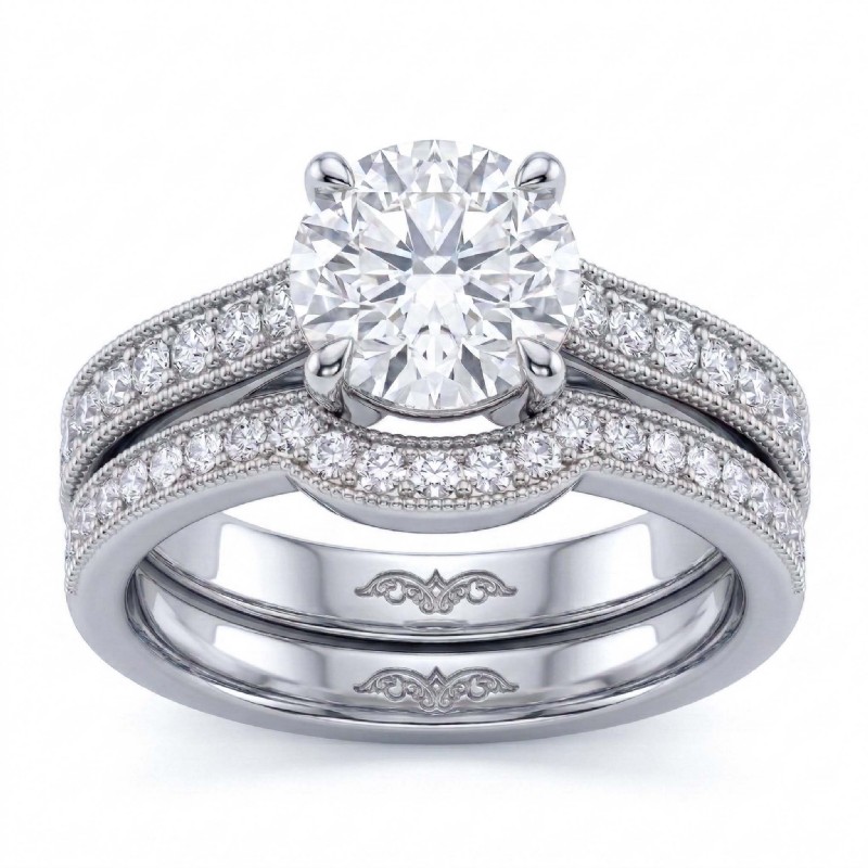 Vintage Milgrain Wedding Set diamond Ring Platinum 950