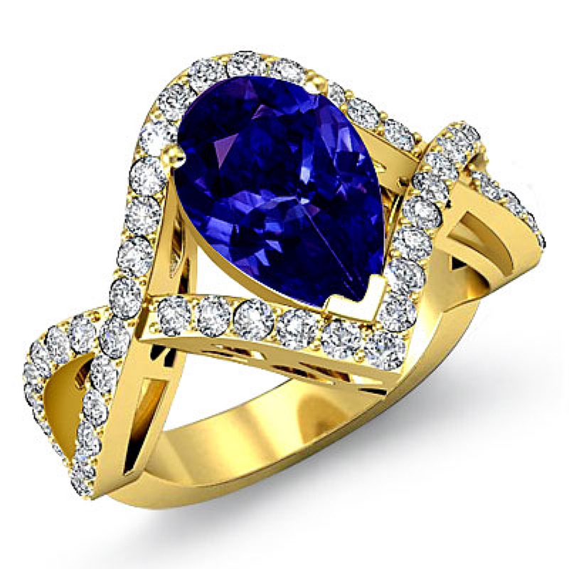 Cross Shank Pave Filigree Pear diamond engagement Ring in 14k Gold Yellow