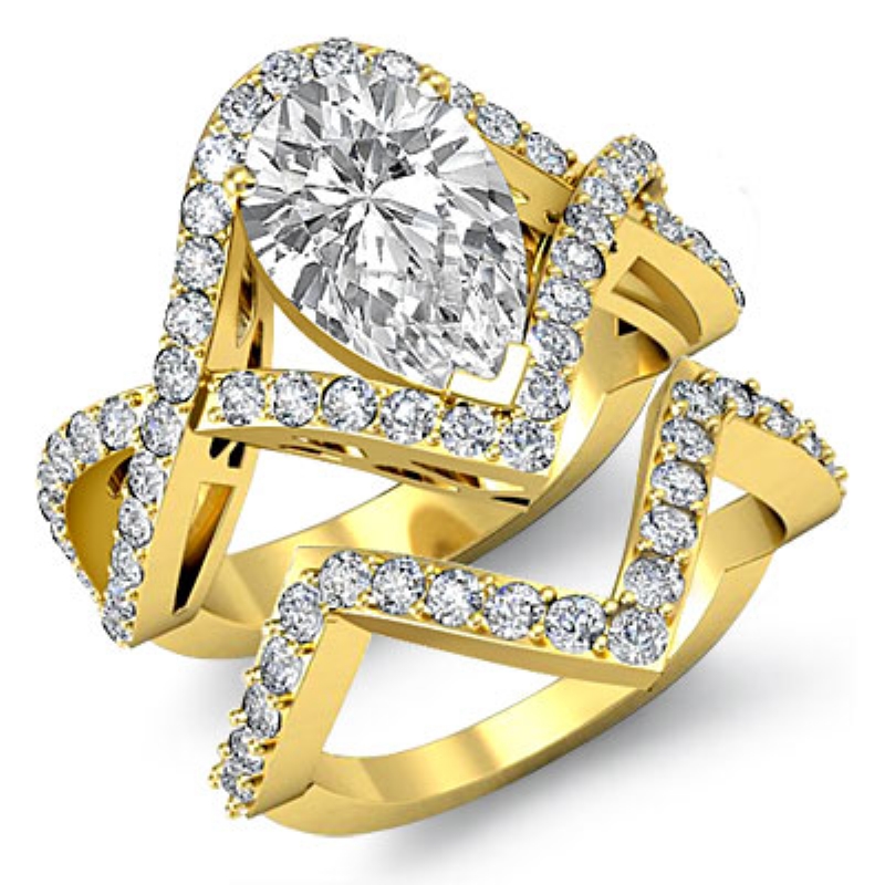 Cross Shank Pave Bridal Set diamond Ring 14k Gold Yellow