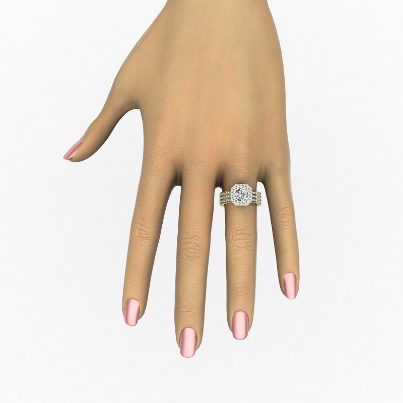 3 Row Pave Set Shank Halo diamond Ring 14k Gold Yellow