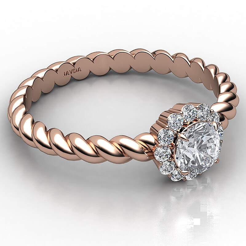 Twisted Rope Prong Set Halo diamond Ring 14k Rose Gold