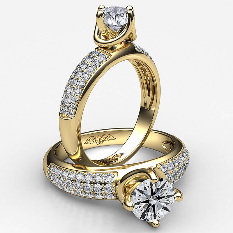 Three Row Micropave Set Shank diamond Ring 14k Gold Yellow