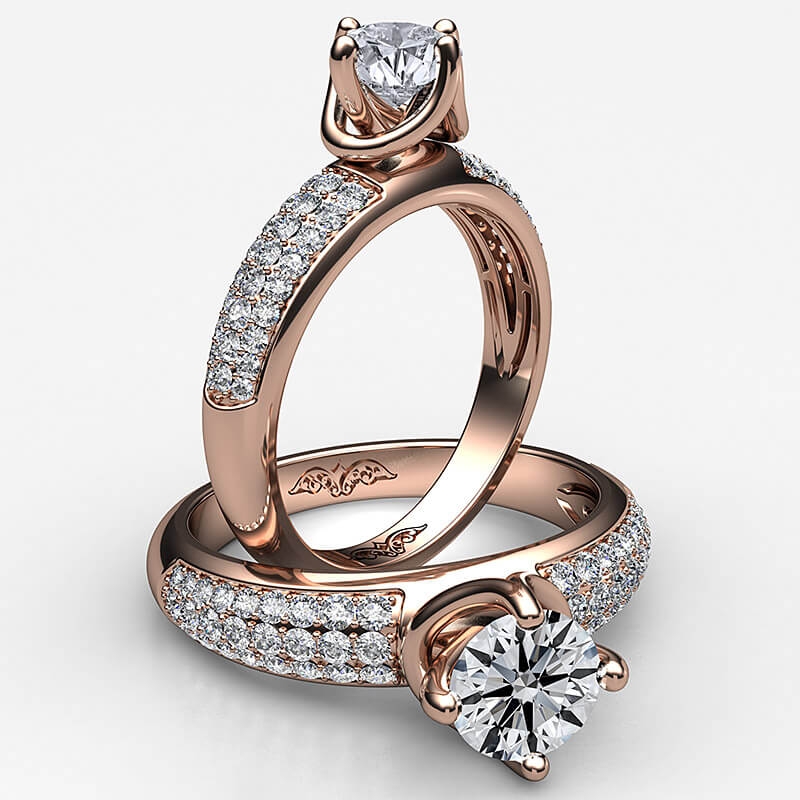 Three Row Micropave Set Shank diamond Ring 14k Rose Gold