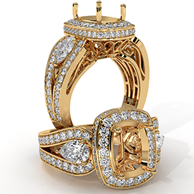 Cushion 3 Stone Halo Diamond Engagement Ring 14k Gold Yellow Vintage Semi Mount  (1.85Ct. tw.)