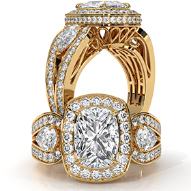 Circa Halo 3 Stone Filigree diamond Ring 18k Gold Yellow