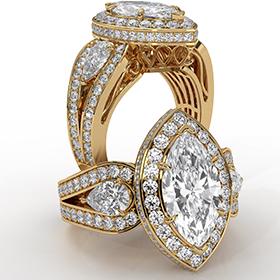 Vintage Inspired 3 Stone Halo diamond Ring 18k Gold Yellow