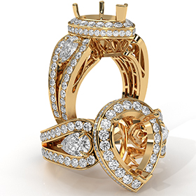 Pear Diamond Antique Engagement Halo 3Stone Ring Setting 14k Gold Yellow Semi-Mount  (1.85Ct. tw.)