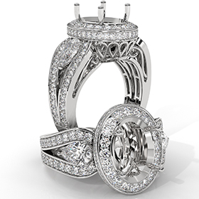 Vintage 3Stone Oval Diamond Engagement Halo Ring Setting 14K White Gold Semi Mount 1.85Ct