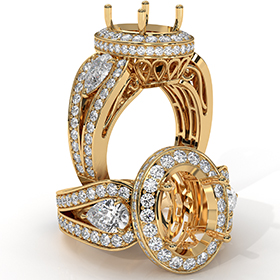 Vintage 3Stone Oval Diamond Engagement Halo Ring Setting 14k Gold Yellow Semi Mount  (1.85Ct. tw.)