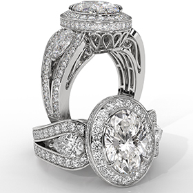 3 Stone Crown Halo Filigree diamond Ring 18k Gold White