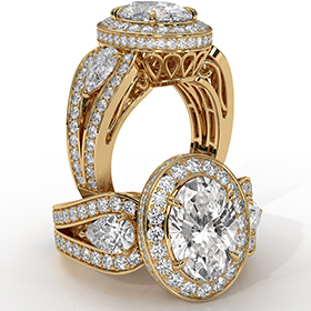 3 Stone Crown Halo Filigree diamond Ring 18k Gold Yellow
