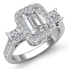 Halo Three Stone Side-Stone diamond Ring 14k Gold White