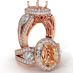 Vintage 3Stone Oval Diamond Engagement Halo Ring Setting 14k Rose Gold Semi Mount  (1.85Ct. tw.)