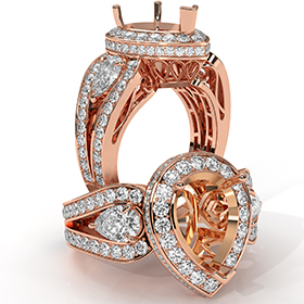 Pear Diamond Antique Engagement Halo 3Stone Ring Setting 14k Rose Gold Semi-Mount  (1.85Ct. tw.)