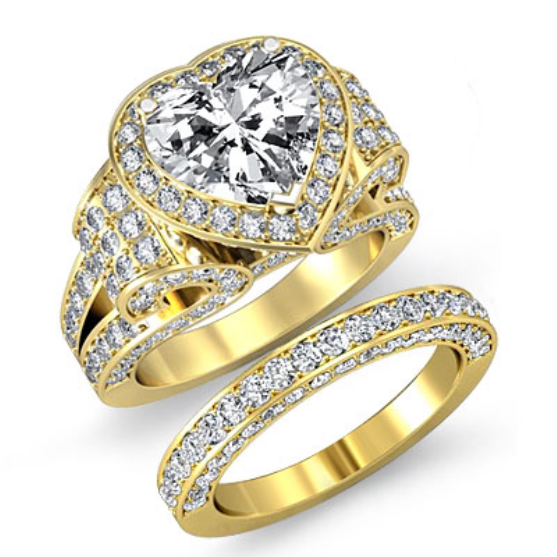 Vintage Halo Pave Bridal Set diamond Ring 18k Gold Yellow