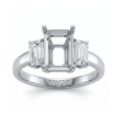 3 Stone Emerald Shape Diamond Semi Mount Ring 14k White Gold 0.4Ct - javda.com 
