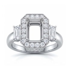 3 Stone Halo Diamond Engagement Emerald Semi Mount 14K White Gold Ring 0.73Ct.