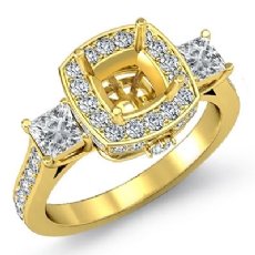 Diamond 3 Stone Engagement Princess Cushion Ring 18k Gold Yellow Halo Setting  (1.1Ct. tw.)