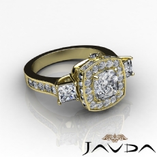 3 Stone Circa Halo Pave diamond Ring 18k Gold Yellow