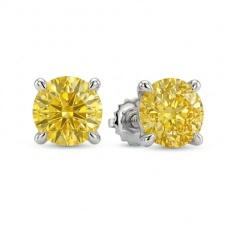 Round Lab grown Yellow Diamond Prong Stud Earring 14k White Gold 3.00ctw.