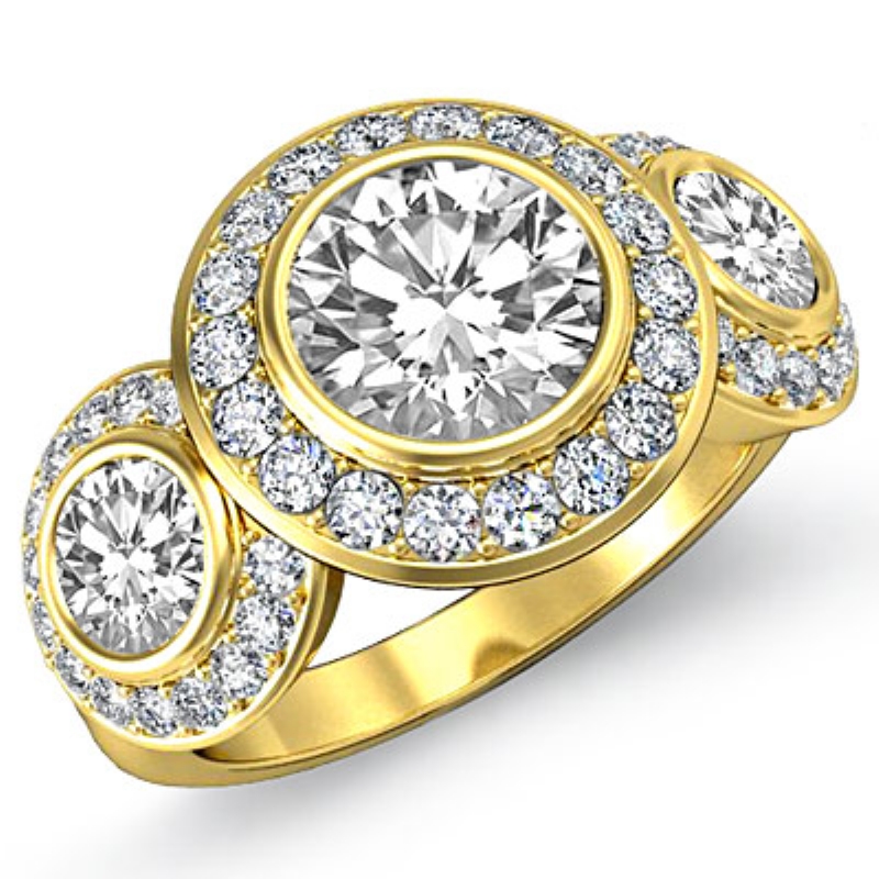 3 Stone Halo Pave Bezel Set diamond Ring 18k Gold Yellow