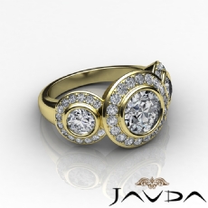 3 Stone Halo Pave Bezel Set diamond Ring 14k Gold Yellow