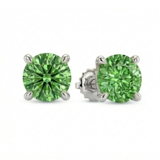 Round Lab grown Green Diamond Prong Stud Earring 14k White Gold 3.00ctw.
