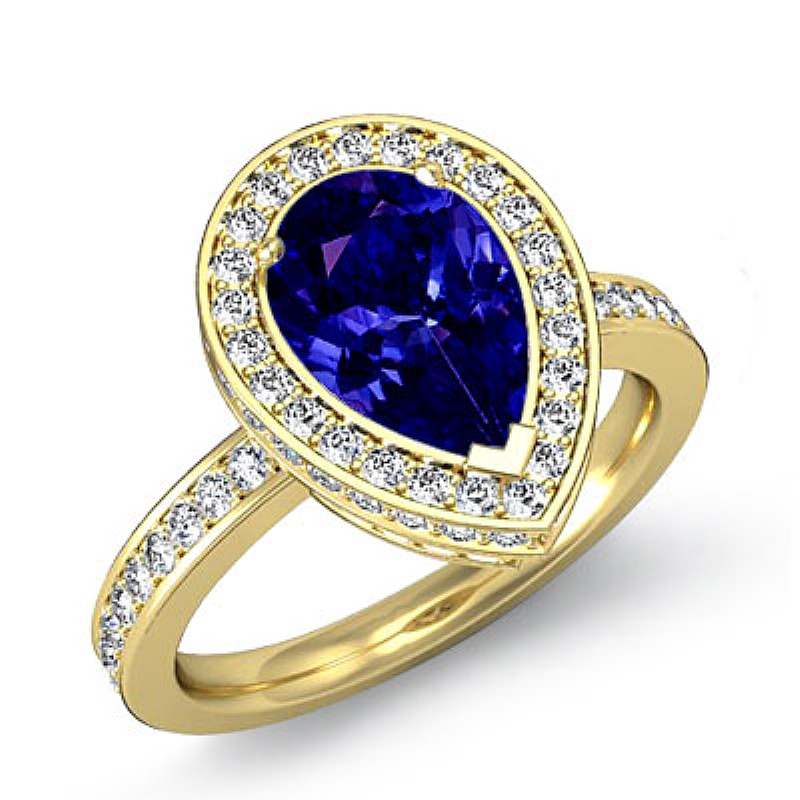 Crown Halo Petite Pave Set Pear diamond  Ring in 14k Gold Yellow