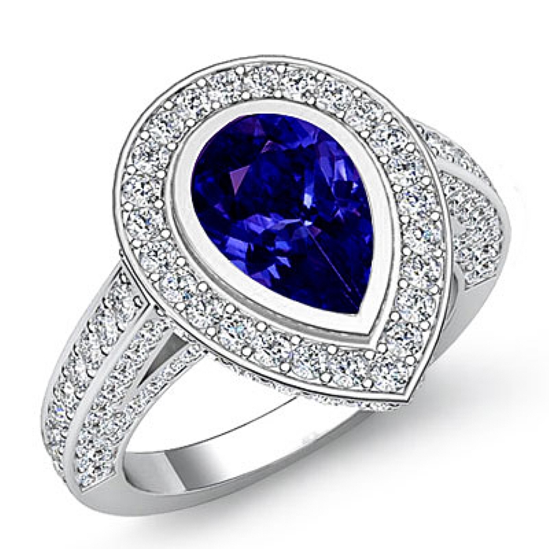 Halo Bezel Setting Sidestone Pear diamond engagement Ring in 14k Gold White