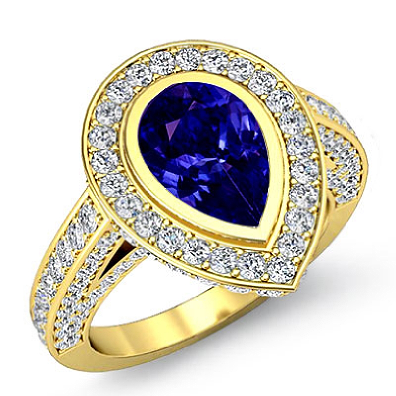 Halo Bezel Setting Sidestone Pear diamond engagement Ring in 14k Gold Yellow