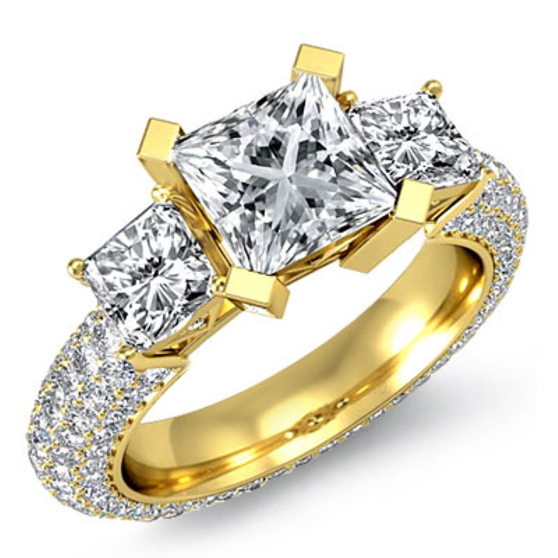 Vintage Style Micropave 3Stone diamond Ring 14k Gold Yellow