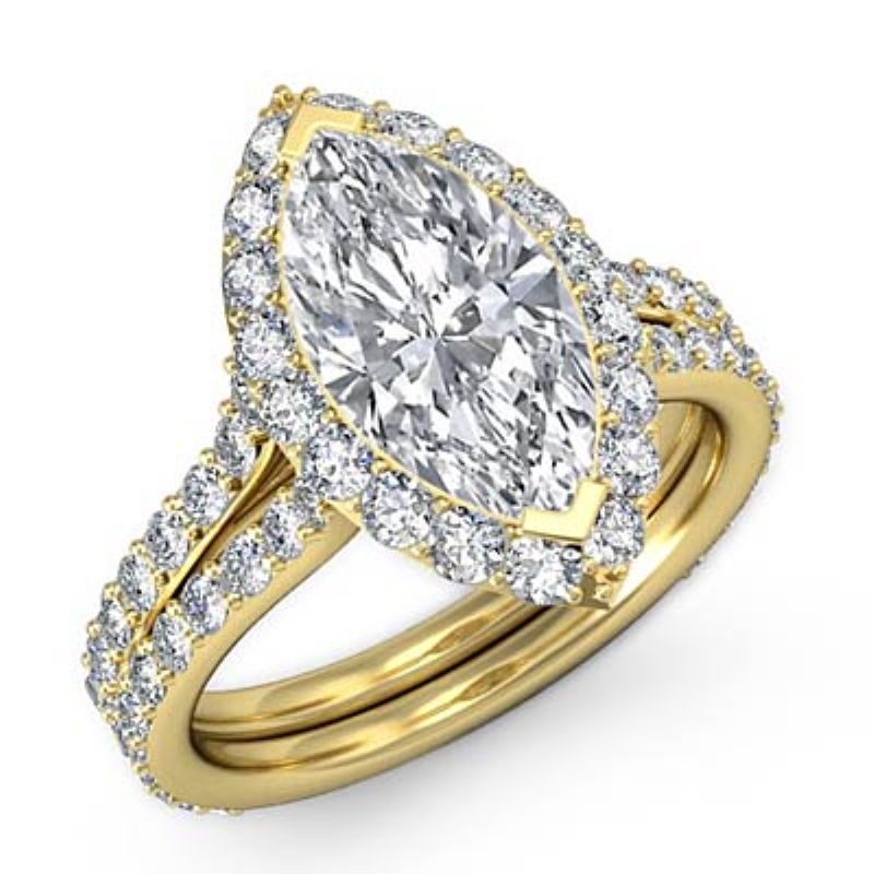Split Shank Halo Pave diamond Ring 14k Gold Yellow