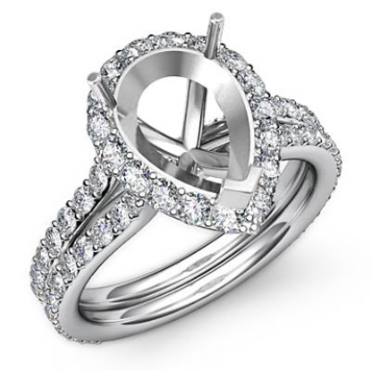 1.30Ct Pear Shape Semi Mount Diamond Engagement Ring 14K White Gold Halo  Setting