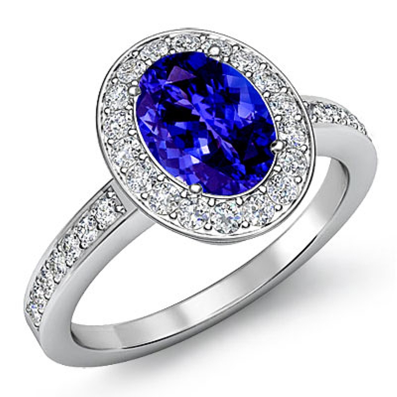 4 Prong Halo With Sidestone Oval diamond engagement Ring in 14k Gold White