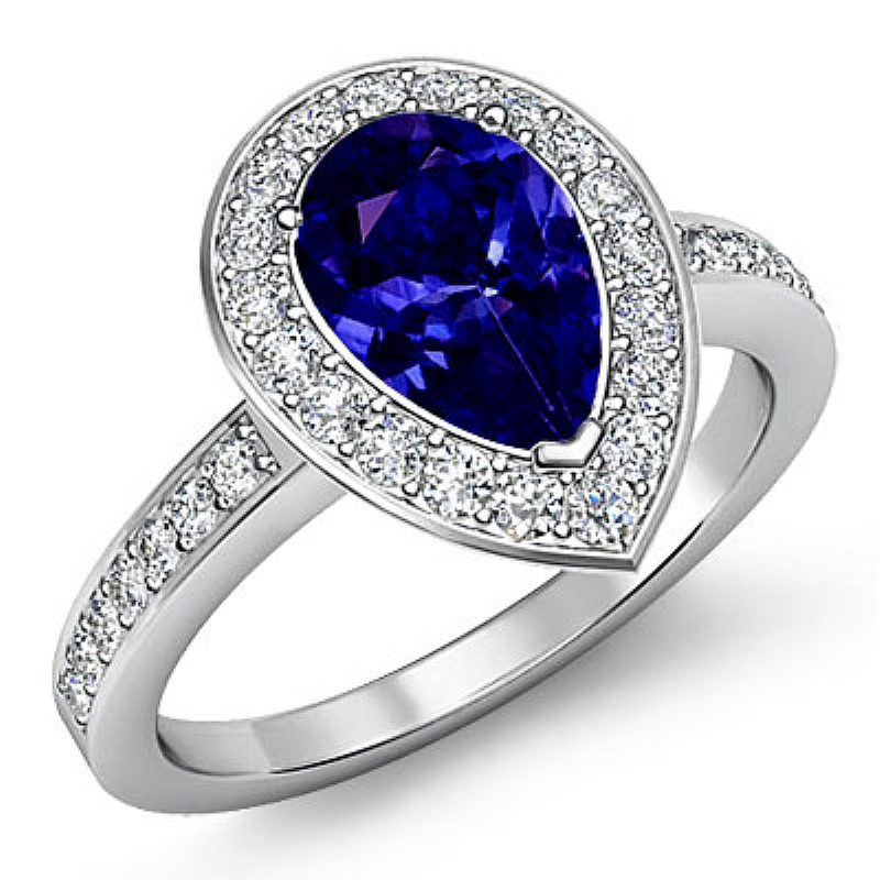 4 Prong Halo With Sidestone Pear diamond engagement Ring in 14k Gold White