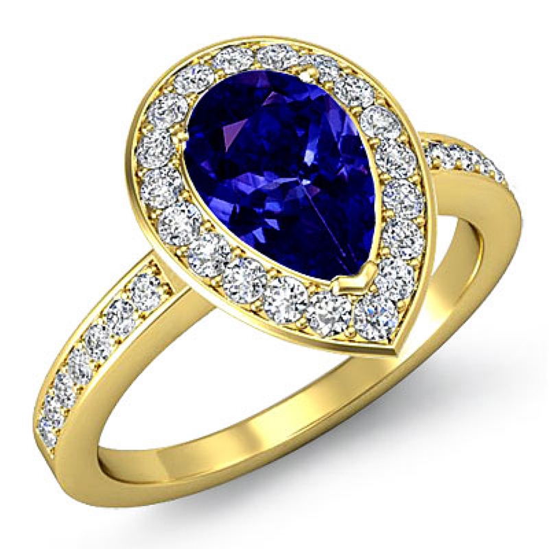 4 Prong Halo With Sidestone Pear diamond engagement Ring in 14k Gold Yellow