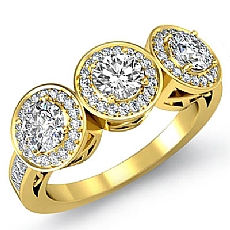 Three Stone Halo Micropave Set diamond  14k Gold Yellow
