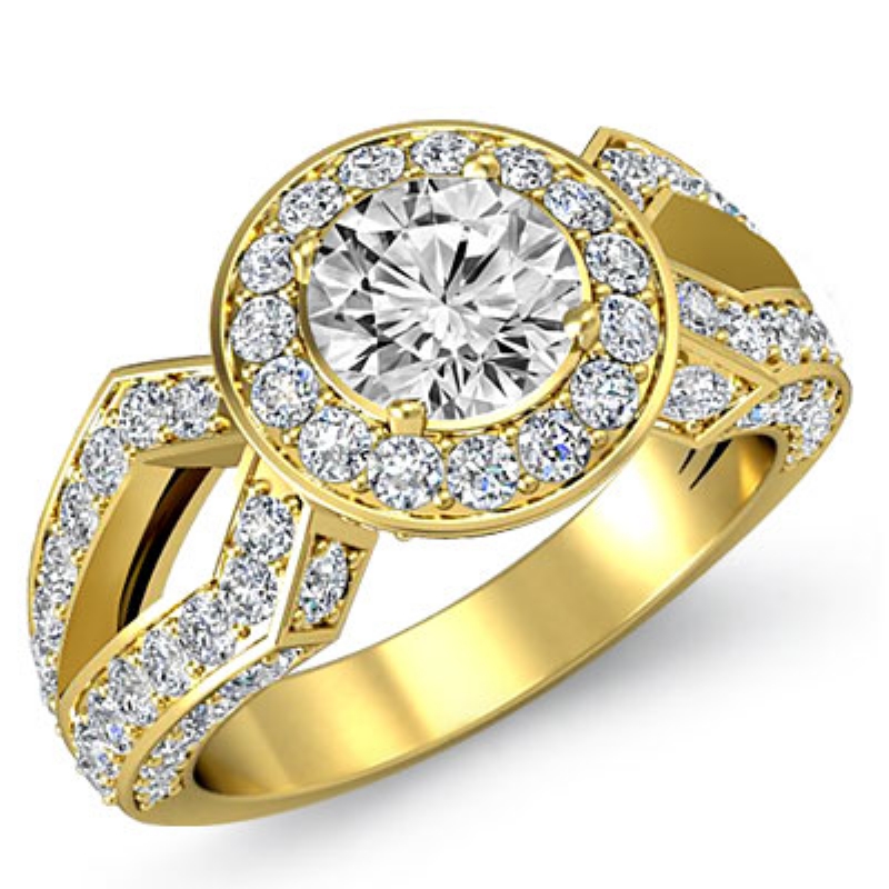 Split Shank Pave Set Halo diamond Ring 14k Gold Yellow