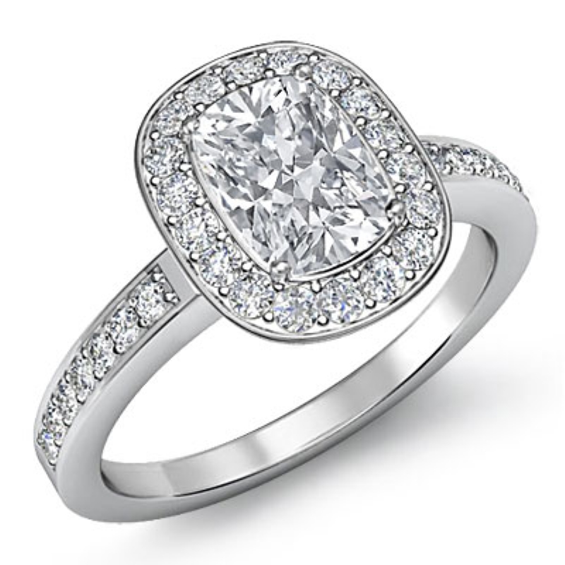 Classic Halo Pave Sidestone diamond Ring 14k Gold White