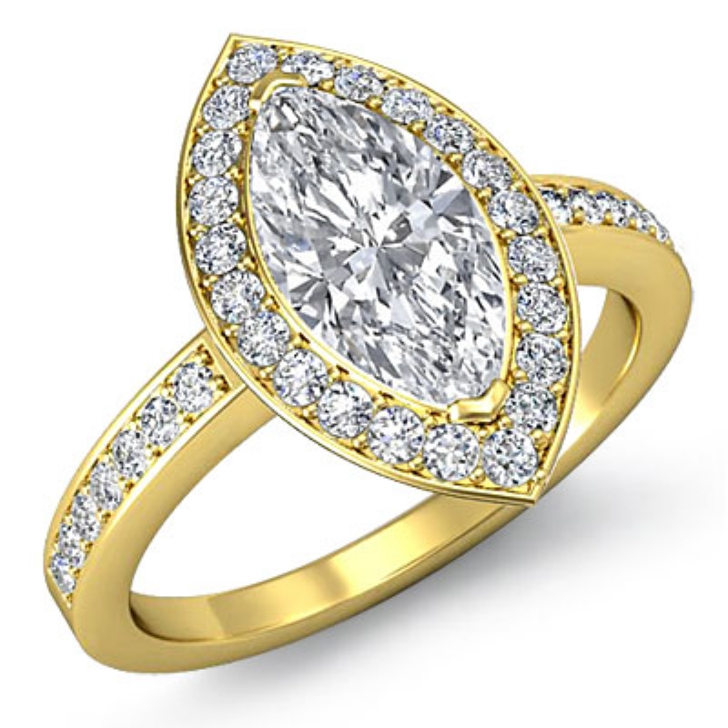 Sidestone Halo Pave Set diamond Ring 14k Gold Yellow