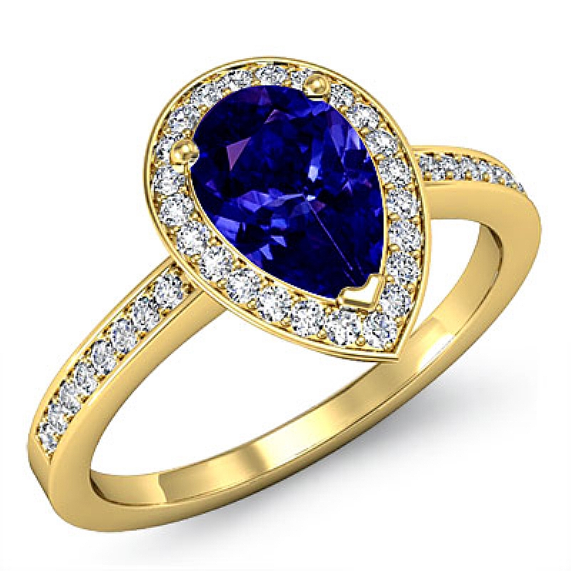 Pave Set Halo Sidestone Pear diamond engagement Ring in 18k Gold Yellow