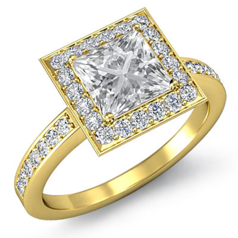 Halo Pave Set Sidestone diamond Ring 18k Gold Yellow