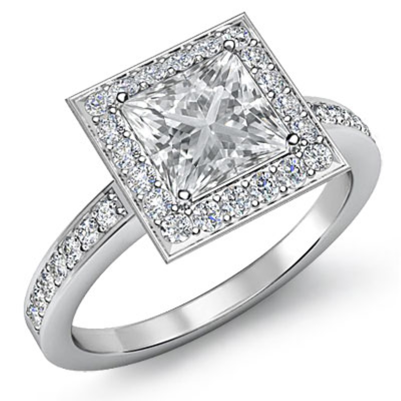 Halo Pave Set Sidestone diamond Ring 14k Gold White